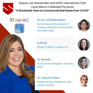 Promotional graphic for “A Worldwide View on Commercial Real Estate Post-COVID” panel moderated by Leyza B. Florin at ABI symposium.