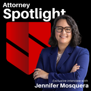 Jennifer Mosquera, LL Law Firm attorney, spotlight graphic and professional headshot in blue blazer