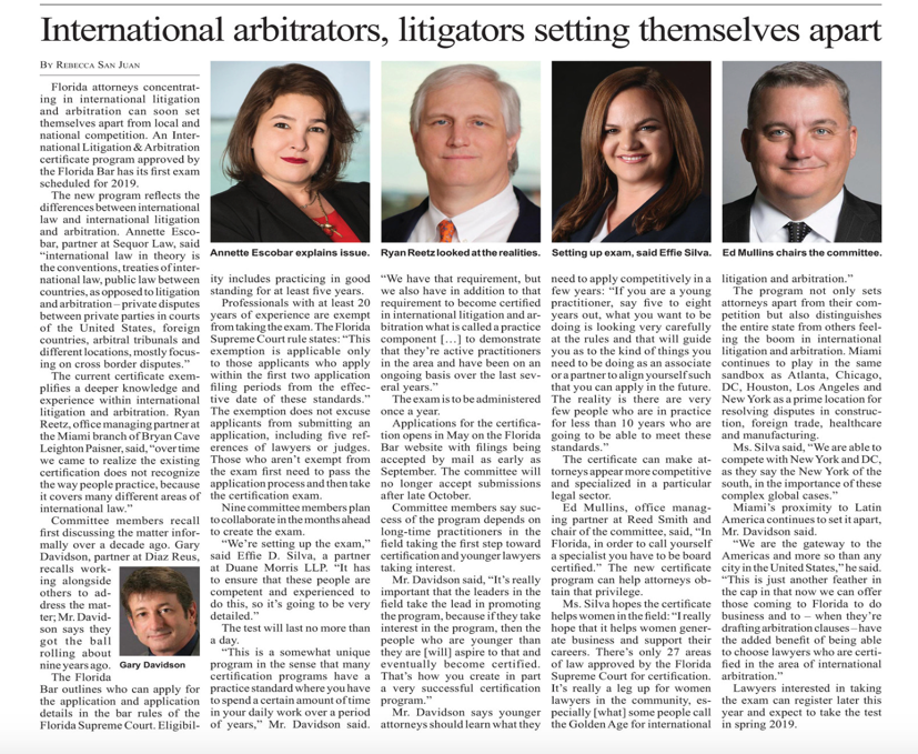Miami Today article on international arbitrators and litigators in Miami setting themselves apart.