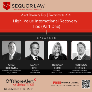 LL Law Firm Asset Recovery Day panel graphic titled “High-Value International Recovery: Tips (Part One)” with featured speakers including Gregory Grossman.