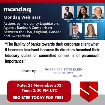 Promotional graphic for Mondaq webinar on actions by insolvency liquidators against banks featuring Edward H. Davis Jr. and panelists.